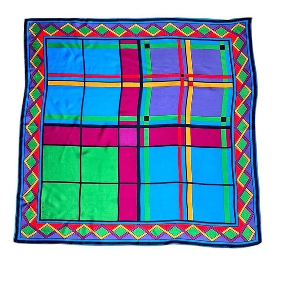Linda Allard Ellen Tracy Silk Square Scarf Bright Colors Geometric Print Japan - Picture 3 of 11
